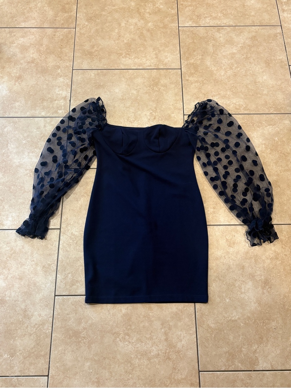 Sheer Puff Sleeve Navy Mini Dress